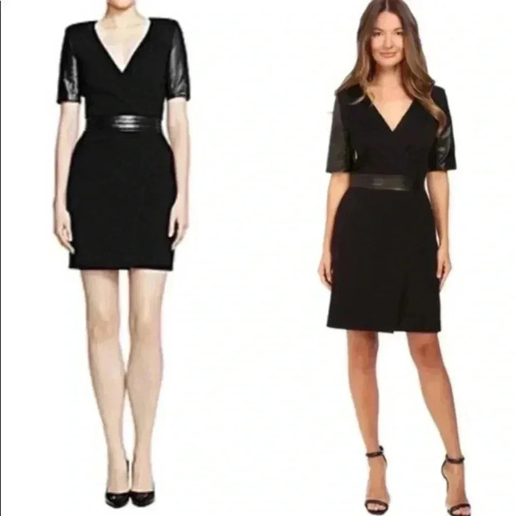 The Kooples Dresses & Skirts - The Kooples Hopla Leather-Trim Faux Wrap Classic Mini Dress NWT